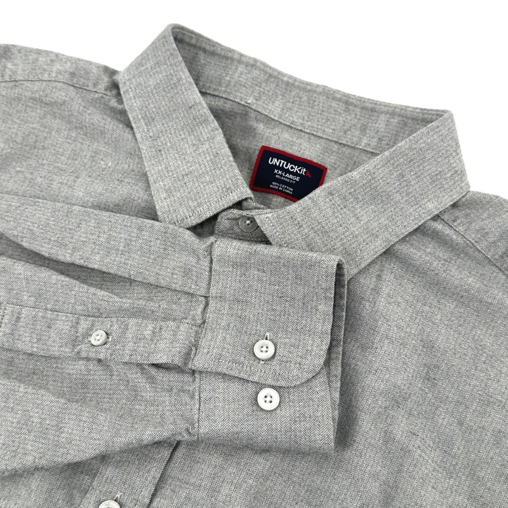 UNTUCKit Hemsworth Shirt Mens XXL Grey Herringbone Relaxed Fit Button Up Cotton